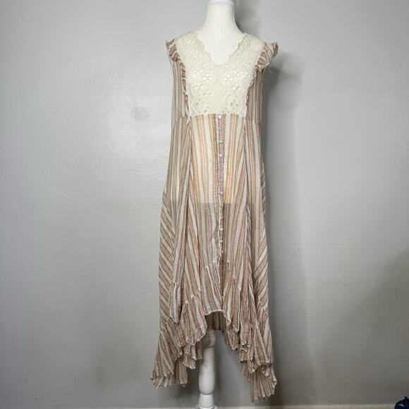 Free People FP One Striped Button Front Crochet Lace Maxi Dress Women’s Large - Picture 1 of 6